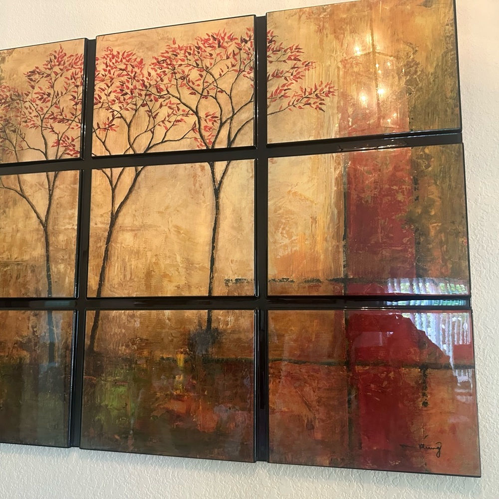 Modern 9-Panel Glass Wall Art – Red Leaves Trees, 49” × 37”